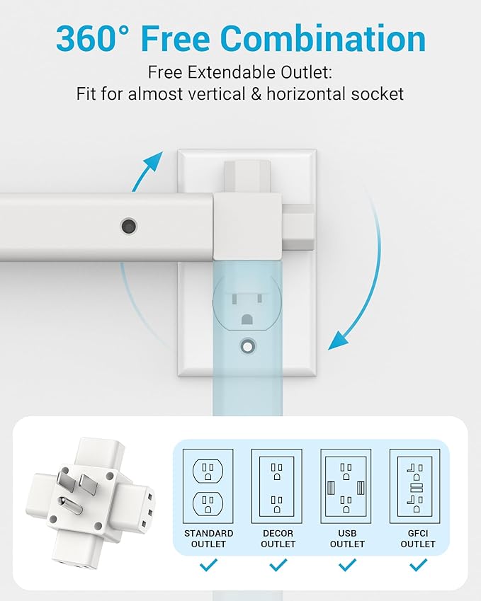 Outlet Extender Stick | Free Combination | USB-A, USB-C Port, 2 AC Outlets, Extend 9” to 36”, 360° Combine| Plug Extender | Put Behind Nightstands, Sofa, Bed, Cabinet etc.