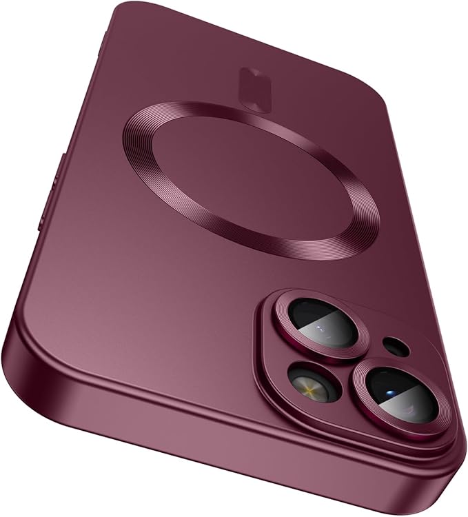 Magnetic for iPhone 14 Plus Case [Compatible with MagSafe][Built-in Camera Lens Protector] Slim Soft Silicone Bumper Shockproof Metallic Luster Phone Case (Burgundy)