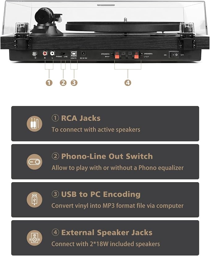 Record Player Vinyl Bluetooth Turntable with 36 Watt Stereo Bookshelf Speakers, Hi-Fi System with Magnetic Cartridge, USB Recording and Auto Stop