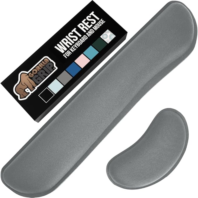 GORILLA GRIP Silky Gel Memory Foam Wrist Rest for Computer Keyboard, Mouse, Ergonomic Design for Typing Pain Relief, Desk Pads Support Hand and Arm, Mousepad Rests, Stain Resistant, 2 Piece Pad, Gray