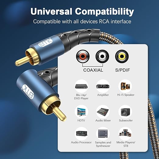 EMK RCA Subwoofer Cable 90 Degree RCA to RCA Audio Cable 24K Gold-Plated Nylon Braided Double Shielded Digital Analogue Supports Amplifiers,Home Theater,Hi-Fi Systems,Subwoofer(15ft/5m)