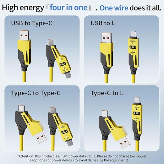 4 in 1 Spring Fast Charging Cable (2Pack), 65W USB-C PD Multi Fast Charging, 1.2m/4ft Coiled Retractable Cable for iPhone Samsung Laptop - Yellow+Green