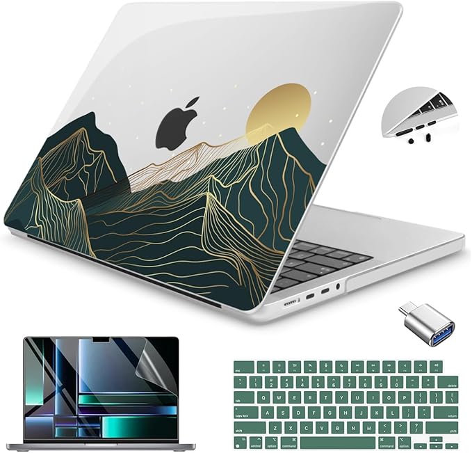 Teryeefi for M4 M3 M2 M1 MacBook Pro 14 inch Case 2021 2023 2024, Clear Hard Shell Case + Keyboard Cover + Screen Protector + OTG Adapter for MacBook Pro 14" Model A2992 A2918 A2779 A2442, Landscape