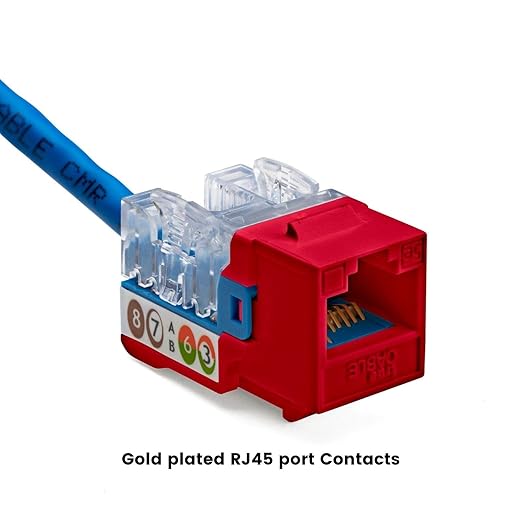 trueCABLE Cat5e Keystone Jack, Unshielded (UTP), 90 Degree Punch-Down, PoE++ (4PPoE) 100W, UL Listed, ETL Verified, ANSI/TIA Certified, Modular RJ45 Female, Red, 24 Pack