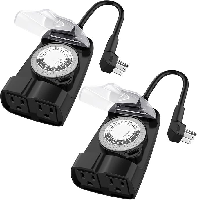G-Homa 24 Hour Mechanical Outdoor Timer Outlet, Outdoor Timer for Lights, Waterproof, 2 Grounded Outlets, 15A 1/2HP, Heavy Duty, ETL Listed (2 Packs)