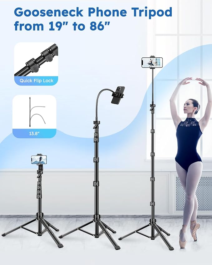 86" Tripod for iPhone, Stable & Tall Phone Tripod with Remote and Flexible Gooseneck for Video Recording/Watching/Cooking/Fitness/Vlogging