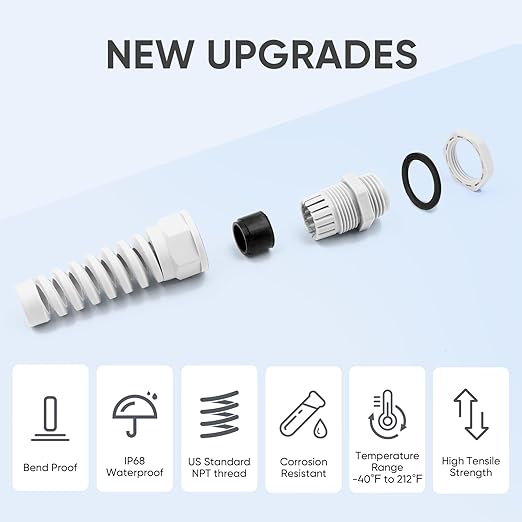 Strain Relief Cord Connector,LISTENJIALE 5Pcs NPT 1" Waterproof Cable Gland Flex Spiral Strain Relief Adjustable 18-25mm Cable Connector Nylon Joint with Gaskets(Grey)