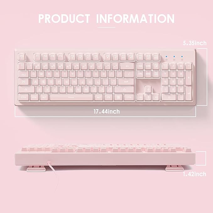 Basaltech Pink Keyboard with 7-Color LED Backlit, 104 Keys Quiet Silent Light Up Keyboards, 19-Key Anti-Ghosting Cheap Gaming Keyboard Mechanical Feeling Waterproof Wired USB for Computer, Mac, Laptop