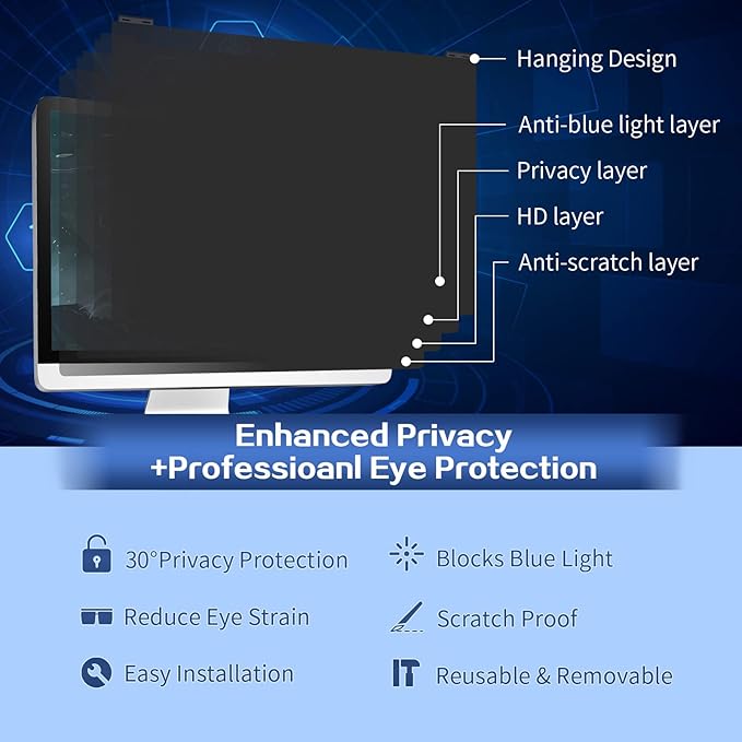 Computer Privacy Screen Filter 22 Inch, 9H Hardness Hanging Computer Screen Privacy Shield Compatible with 16:10 Widescreen Monitor, Eye Protection and Blue Light Blocks