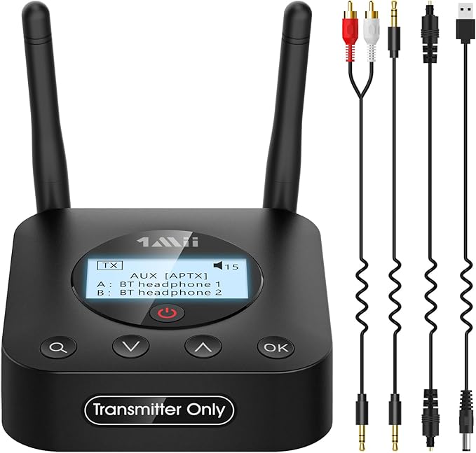 1Mii B06TX+ Long Range Bluetooth 5.2 Transmitter for TV/PC/Projector to 2 Wireless Headphones/Speakers, Bluetooth Adapter for TV w/Screen Display Plug n Play, aptX Low Latency & HD Audio
