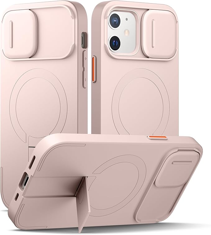 SURITCH for iPhone 12/12 Pro Case with Magnetic Camera Slide Cover and Adjustable Kickstand, Compatible with MagSafe, Shockproof Bumper Case Slim Protective Cover for iPhone 12/12 Pro 6.1 Inch, Pink