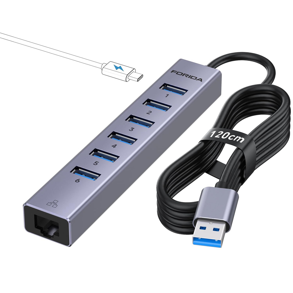 Aluminum USB 3.0 Adapter USB to Ethernet HUB with 120CM Long Cable for Laptop USB Extender with Gigabit Ethernet Port and 5V/3A Power Port 7 Ports USB Hub for iMac PC Flash Drives (Rose Gold)