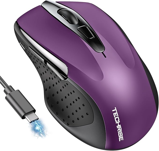 Bluetooth Mouse (BT5.0/3.0 & 2.4G) Rechargeable Wireless Mouse, 4800 DPI Optical Tracking, 6 Adjustable DPI, 2.4GHz with USB A Receiver, Quiet Clicks, Ergonomic Grips, 6 Buttons - Purple