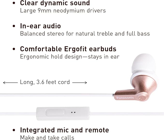 Panasonic ErgoFit Wired Earbuds With Microphone, 3.5mm Jack Headphones with Mic and Call Controller, Ergonomic Custom-Fit Earpieces (S/M/L), for Phones and Laptops - RP-TCM125-N (Rose Gold)