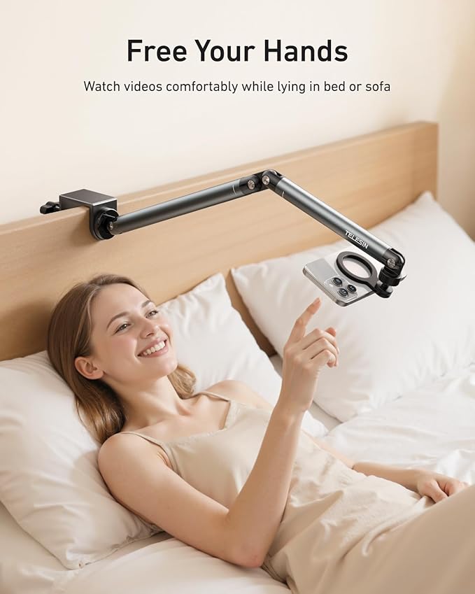 TELESIN Magnetic Phone Holder For Desk and Bed - Strong Magnetic - Tablet Stand Holder With Long Arm - 360° Freely Adjustable Rotation Base - Upgraded Silicone Clamp for IPhone, Android & IPad Series
