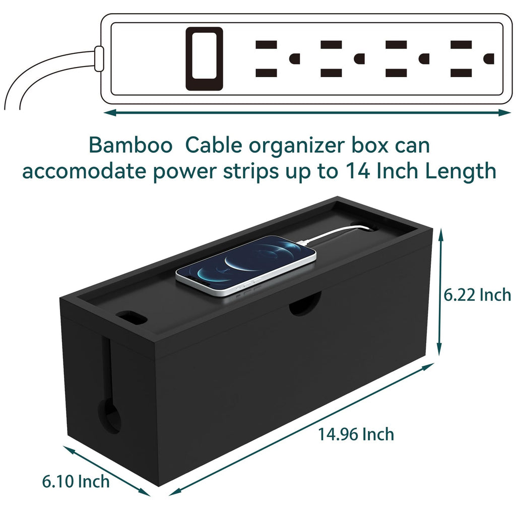 Bamboo Cable Management Box, Large Cord Organizer Box Cable Box to Hide Wires & Power Strips for Desktop Storage Cord Holder for Office Home,No Assembley Required (All Black, Large)