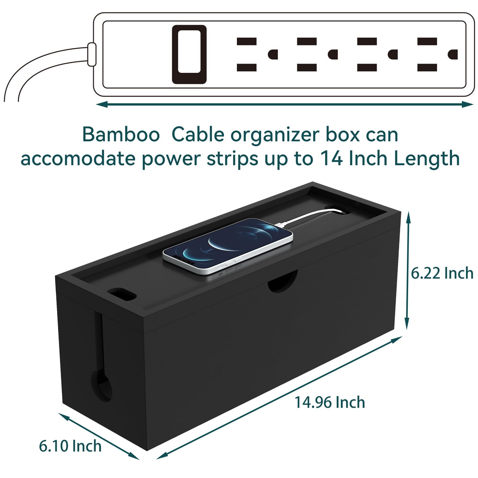 Bamboo Cable Management Box, Large Cord Organizer Box Cable Box to Hide Wires & Power Strips for Desktop Storage Cord Holder for Office Home,No Assembley Required (All Black, Large)