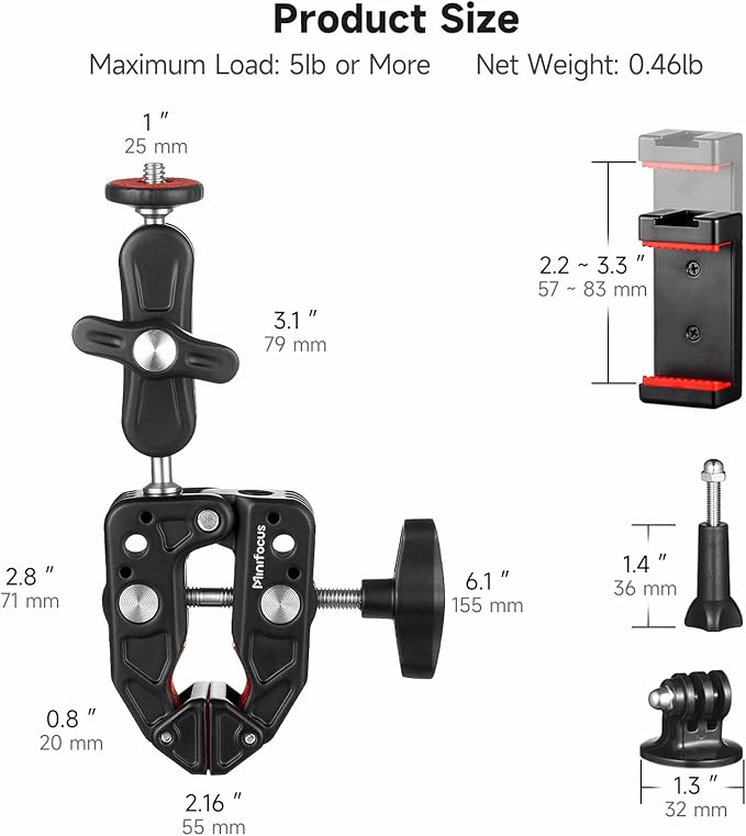 MINIFOCUS Super Clamp Camera Clamp Mount, 360° Ballhead Magic Arm with 1/4" 3/8" Port Extension Holder Adapter, Double Ball Head Adapter for Canon Nikon DSLR GoPro Action Camera Video Light