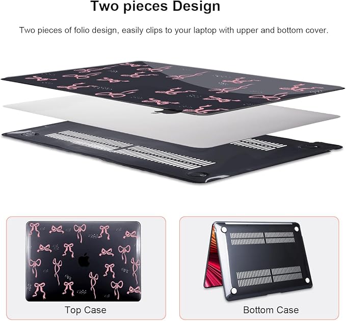 for 2020 2021 2022 MacBook Pro 13 inch Case M2 M1 A2338 A2289 A2251 with Touch Bar & Touch ID, Printed Pattern Plastic Hard Shell Case Keyboard Cover Screen Protector, Pink Bowknot Black