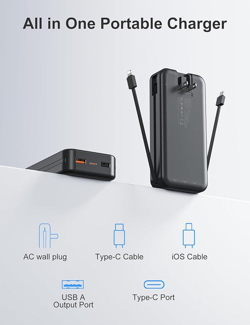 20000mAh Ultra Portable Charger Power Bank with inBuilt Cables&AC Wall Plug