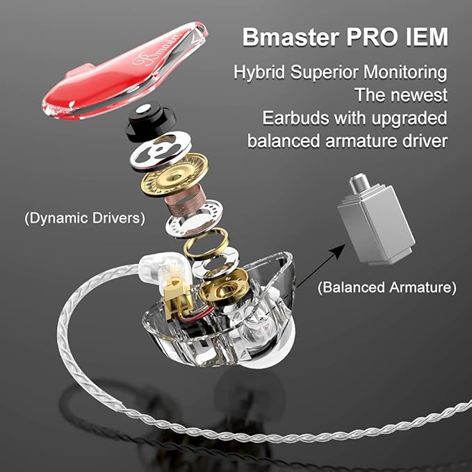 BASN in-Ear Monitors, Bmaster Triple Driver HiFi Stereo Noise-Isolating with Enhanced Bass for Musicians Stage/Audio Recording(PRO Red/Black)