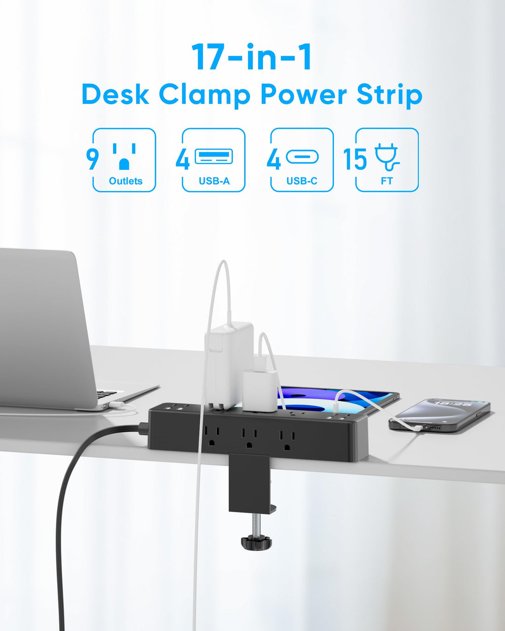 Acozvin Desk Clamp Power Strip 15FT, 40W Total Fast Charging Station