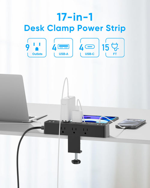 ACOZVIN Desk Clamp Power Strip 15FT, 40W Total Fast Charging Station