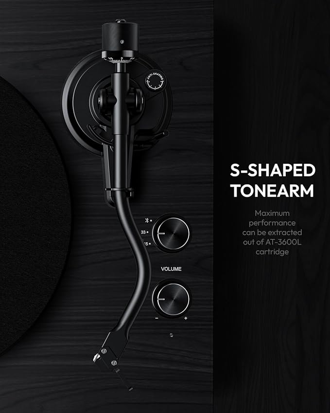 SoulBox S1 Vinyl Record Player with Stereo Speakers, Turntable with Built-in Preamp, S-Shaped Tonearm, 33/45 RPM - Black