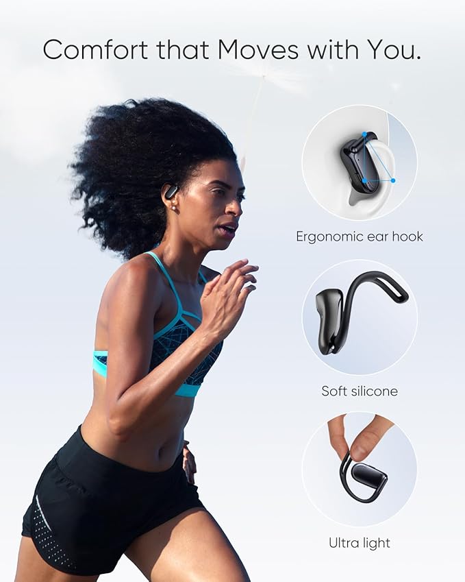Open Ear Headphones, 0.28oz Lightweight Next-Gen Bluetooth 5.4 Air Conduction Wireless Earbuds w/Extra Bass, 48H Playtime, 3 EQ Modes, ENC Mic, IPX5, Snug Fit for Workout Running Beige