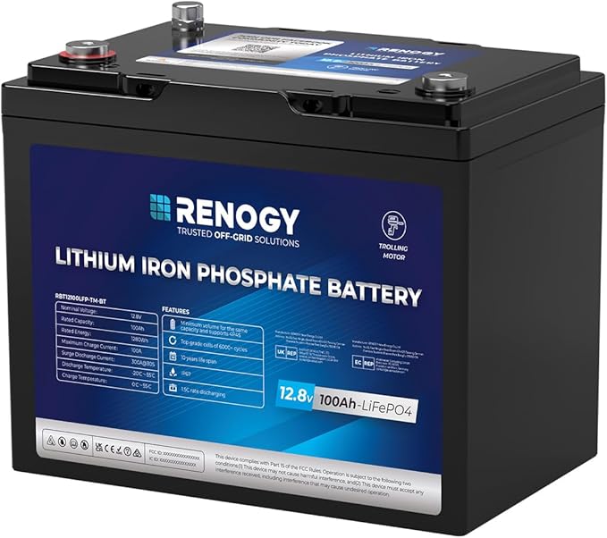 Renogy 12V 100Ah Trolling Motor LiFePO4 Lithium Battery, Bluetooth & 100A BMS, IP67 Waterproof, Group 24 Deep Cycle Battery for Marine, Boat, RV, Off-Grid Backup