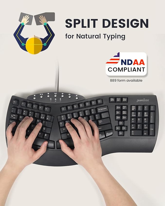 Perixx PERIBOARD-512B Wired Ergonomic Keyboard - Split Keyboard, Wrist Rest, Natural Typing - Wired USB Connectivity - US English - Black