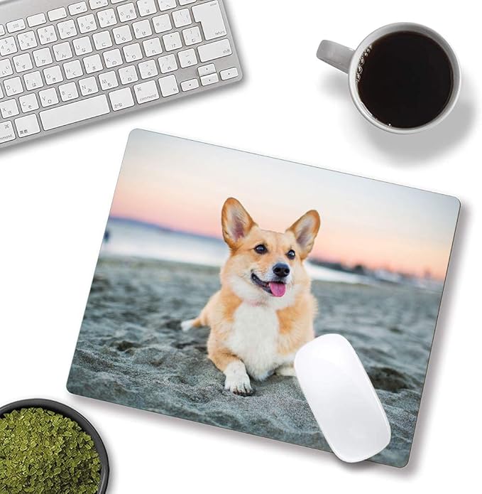 Corgi on The Beach Gaming Mouse Mat, Square Waterproof Non-Slip Rubber Base Mouse Pad for Office, Home, Laptop, Travel, 9.5"x7.9"x0.12" Inch