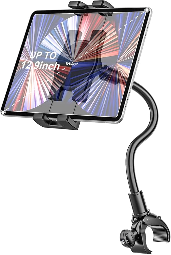 woleyi Gooseneck Tablet Holder for Spin Bike, Peloton Tablet Mount Exercise Bike Handlebar Stand for Stationary Bicycle, Treadmill, Stroller, Elliptical for iPad Pro Air Mini, Galaxy, 4.7-13" Devices