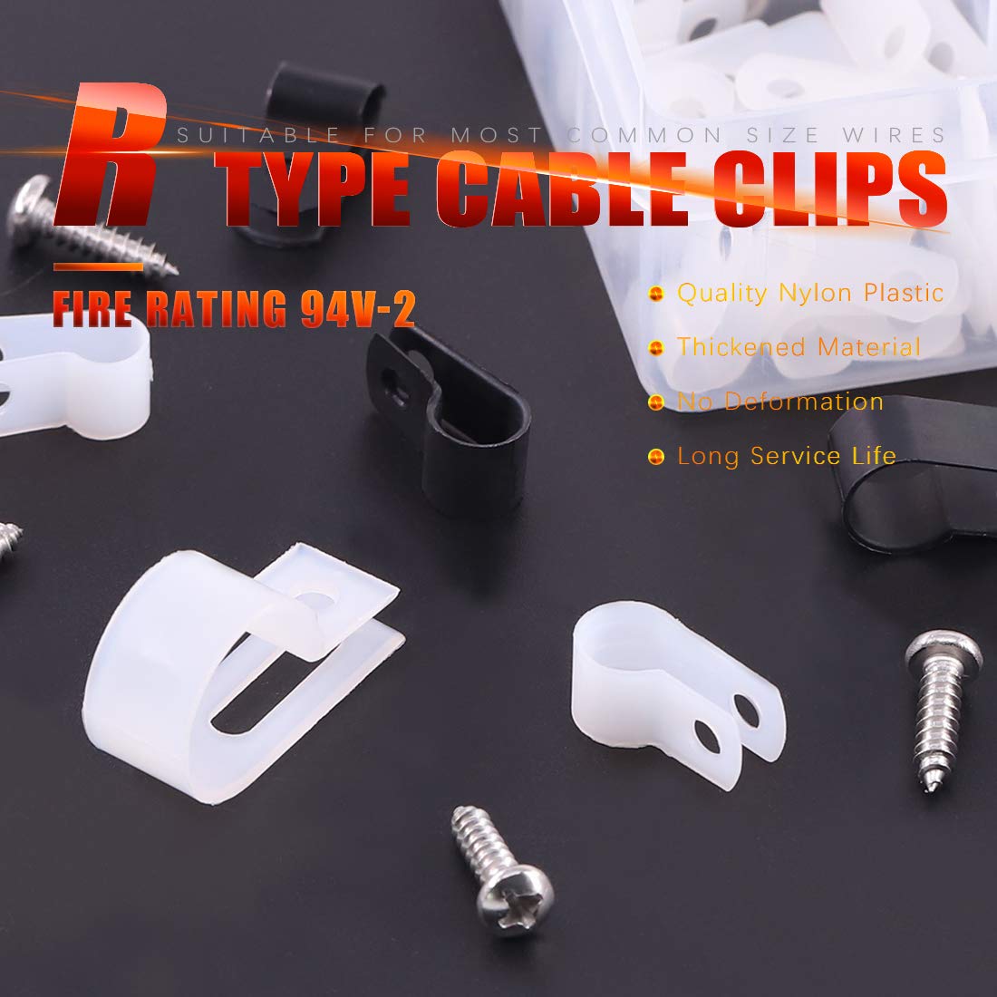 Hilitchi 132 Pcs 6 Sizes Black and White Plastic Cable Clamp R Type Screw Mounting Cord Fastener Cable Clips Assortment Kit with Screws for Wire Management Cable Conduit (Clips from 6mm to 23mm)