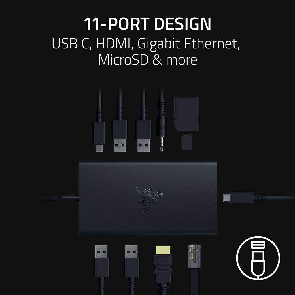 Razer USB-C Dock, 11-in-1 Portable Travel Hub, 85W, Black