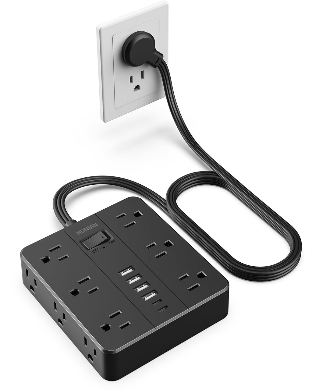 Flat Plug Power Strip, HUNIAN 5 Ft Extension Cord with 12 Widely Spaced Multiple Outlets 6 USB Charger (2 USB C Ports), Desk Charging Station for Home Office Supplies, Black