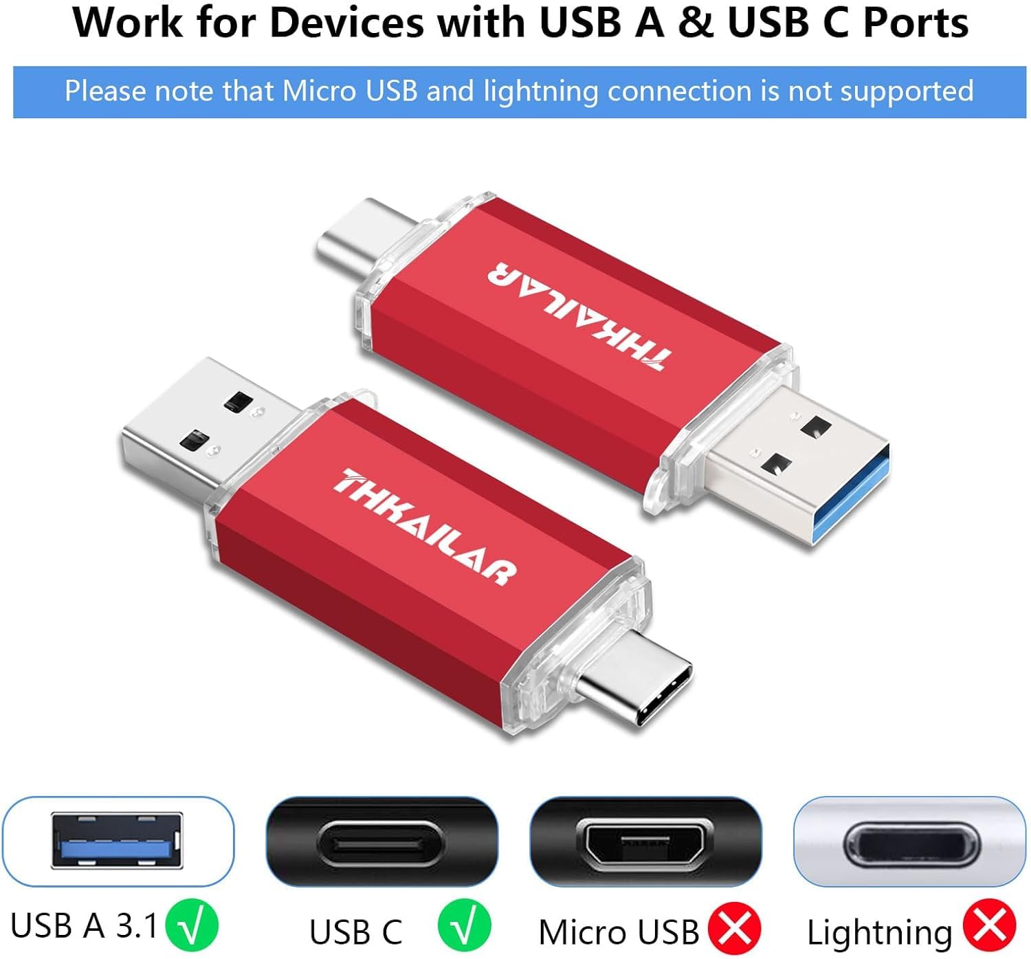 Thkailar 1TB USB C Flash Drive for MacBook and Android Phones,Thumb Drive with USB A and USB C for PC,Laptop,Portable External Storage for Pictures,Videos and Music