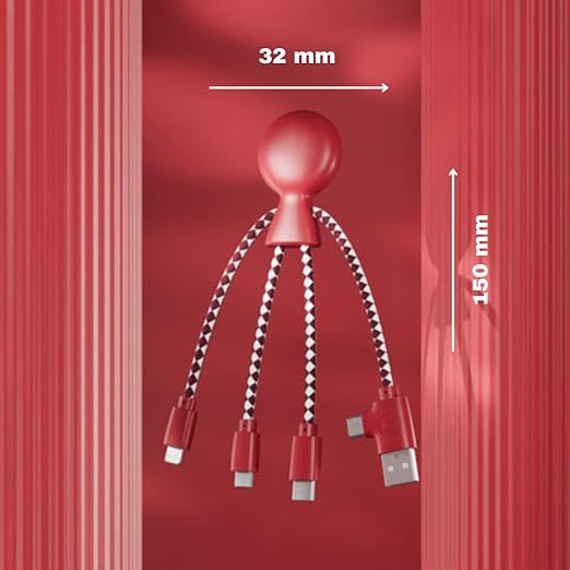 Multi USB Cable 4 in 1 - Universal Charger Made from Recycled Plastic - USB, USB-C, Lighting, Micro USB Ports - Compatible with All Smartphones Mr Bio RED Octopus