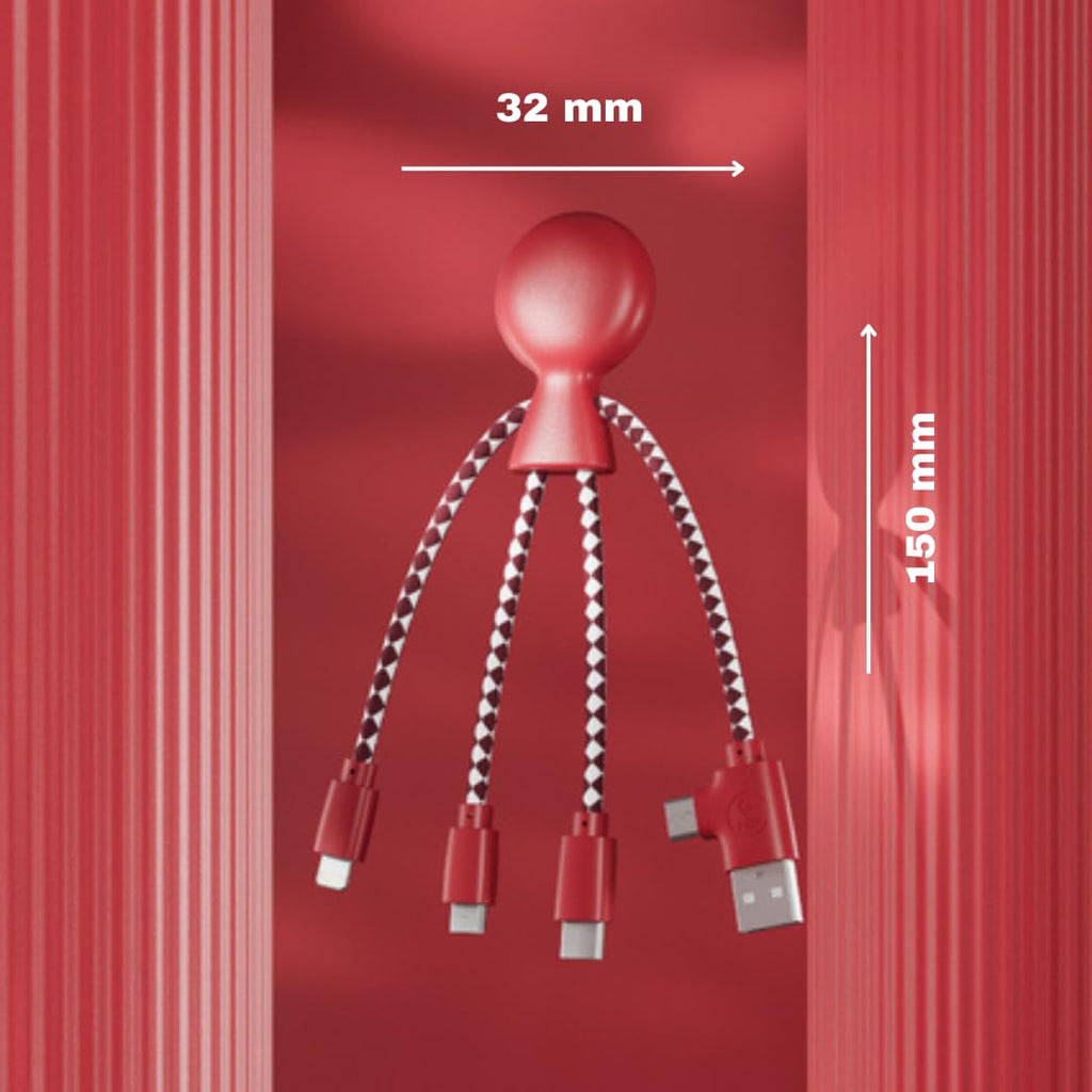 Xoopar Multi USB Cable 4 in 1 - Universal Charger Made from Recycled Plastic - USB, USB-C, Lighting, Micro USB Ports - Compatible with All Smartphones Mr Bio RED Octopus