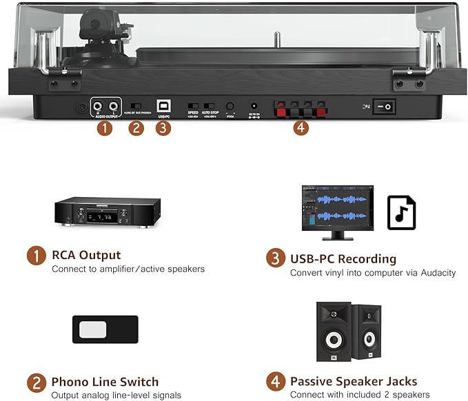 Udreamer Vinyl Record Player, Turntable with 40W Speakers, Bluetooth Input Output and USB Record, Vintage LP Player with AT-3600L Cartridge, Built-in Phono Preamp, Counterweight and Pitch, Black