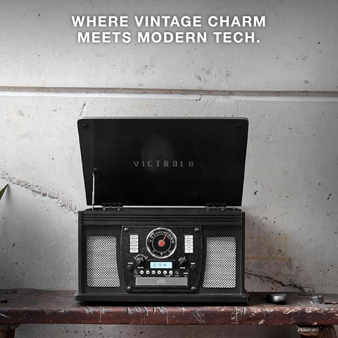 Victrola Navigator 8-in-1 Bluetooth Record Player with Built-in Speakers – 3 Speed Turntable, CD Player, Cassette, FM Radio, USB, RCA Out, Headphone Jack, Wireless Music Streaming, Real Wood (Black)