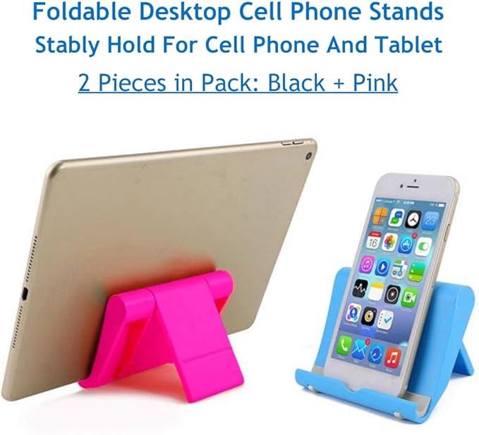 Cell Phone Stand for Desk 2 Pack Mobile Phone Holders Desktop Tablet Stand, Foldable Phone Dock Universal Adjustable Tablet Stand for Desk Compatible with Cell Phone Support (Black+Pink)