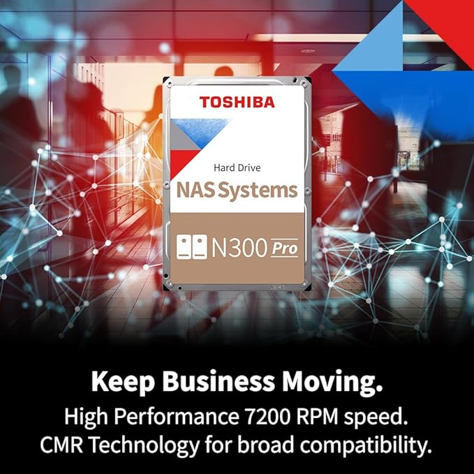 Toshiba N300 PRO 18TB Large-Sized Business NAS (up to 24 bays) 3.5-Inch Internal Hard Drive - Up to 300 TB/year Workload Rate CMR SATA 6 GB/s 7200 RPM 512 MB Cache - HDWG51JXZSTB