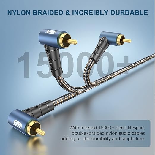 EMK RCA Subwoofer Cable 90 Degree RCA to RCA Audio Cable 24K Gold-Plated Nylon Braided Double Shielded Digital Analogue Supports Amplifiers,Home Theater,Hi-Fi Systems,Subwoofer(15ft/5m)