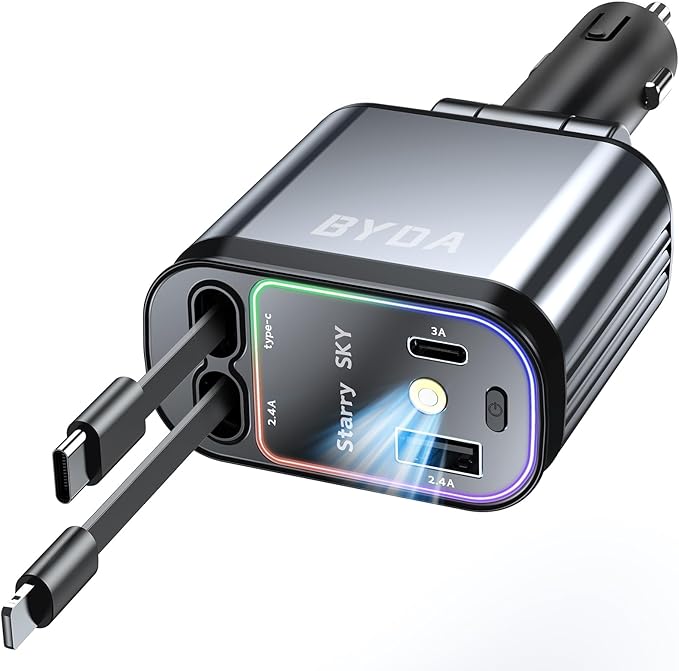 Fast Car Charger 4 in 1 Retractable Car Charger 69W with Starry Light,USB-C Fast Car Accessories,Compatible with All iPhones All Android Phones (GreyLightning+USB-C & PurpleLight)