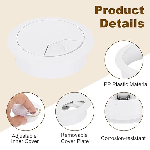 uxcell 5 Pcs 53mm (2.09 Inch) Desk Grommet, Plastic Cable Hole Cover, Wire Cord Cable Organizer for Home Office Computer Desk Cabinet, White
