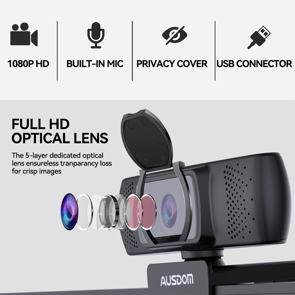 AUSDOM AF640 1080P Webcam with Microphone, 90°FOV USB PC Camera Webcam with Privacy Cover, Plug and Play Computer Camera for Online Calling/Conferencing, Zoom/Skype/YouTube, Laptop/PC