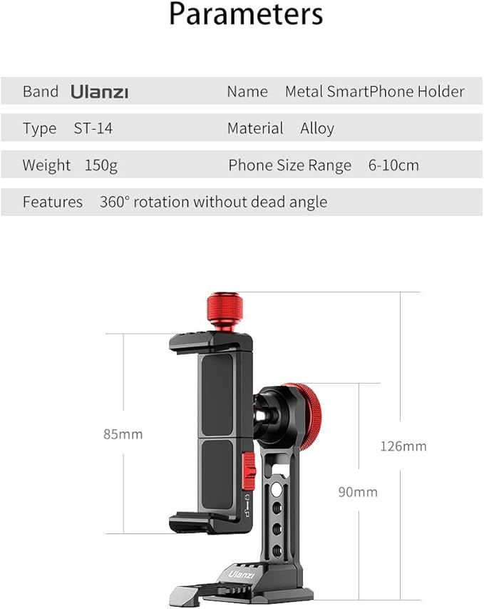 Cell Phone Tripod Mount, ULANZI ST-14 Smartphone Tripod Mount Adapter Aluminum with Cold Shoe, 360° Cell Phone Stand Holder Clamp for iPhone16 15 14 13 12 11 Max Pro iPhone X XR Xs 6 7 Plus