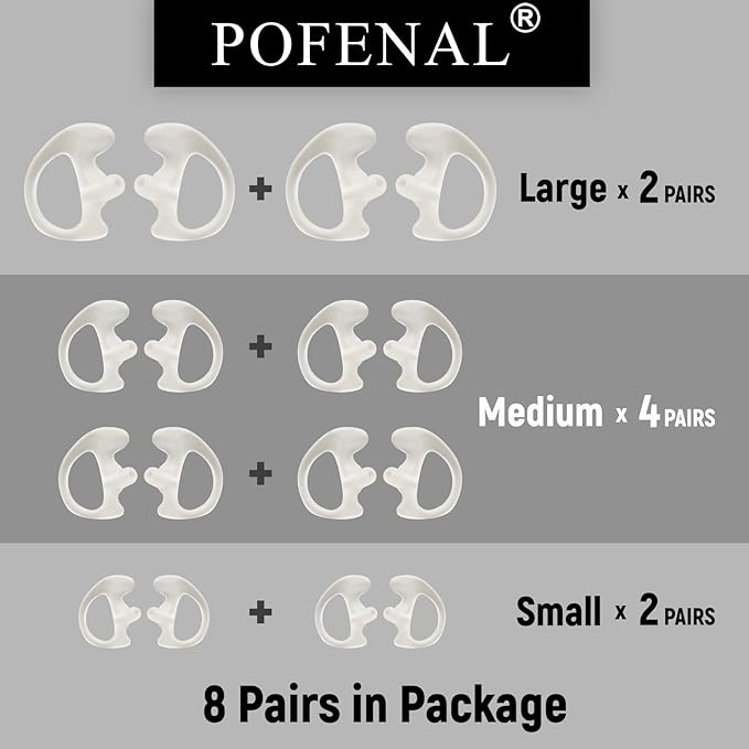 Universal Replacement Insert Silicone Soft Earmold for Baofeng Motorola Kenwood Retevis Midland Two Way Radios Headset (White, 8 Pair, Large_2 Pair; Medium_4 Pair; Small_ 2 Pair)