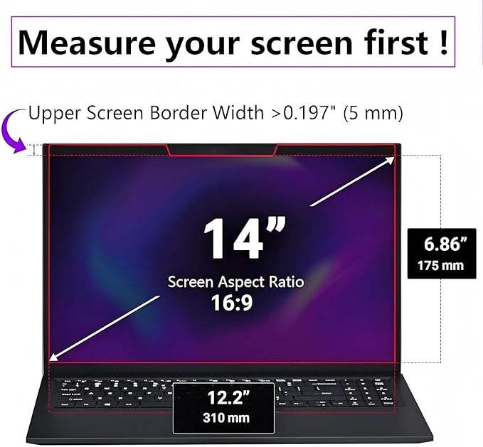 14-inch magnetic privacy screen, suitable for laptops with a 16:9 removable anti-glare filter, reduces blue light/compatible with HP, Dell, Acer, Asus, Samsung, Lenovo and other laptops.